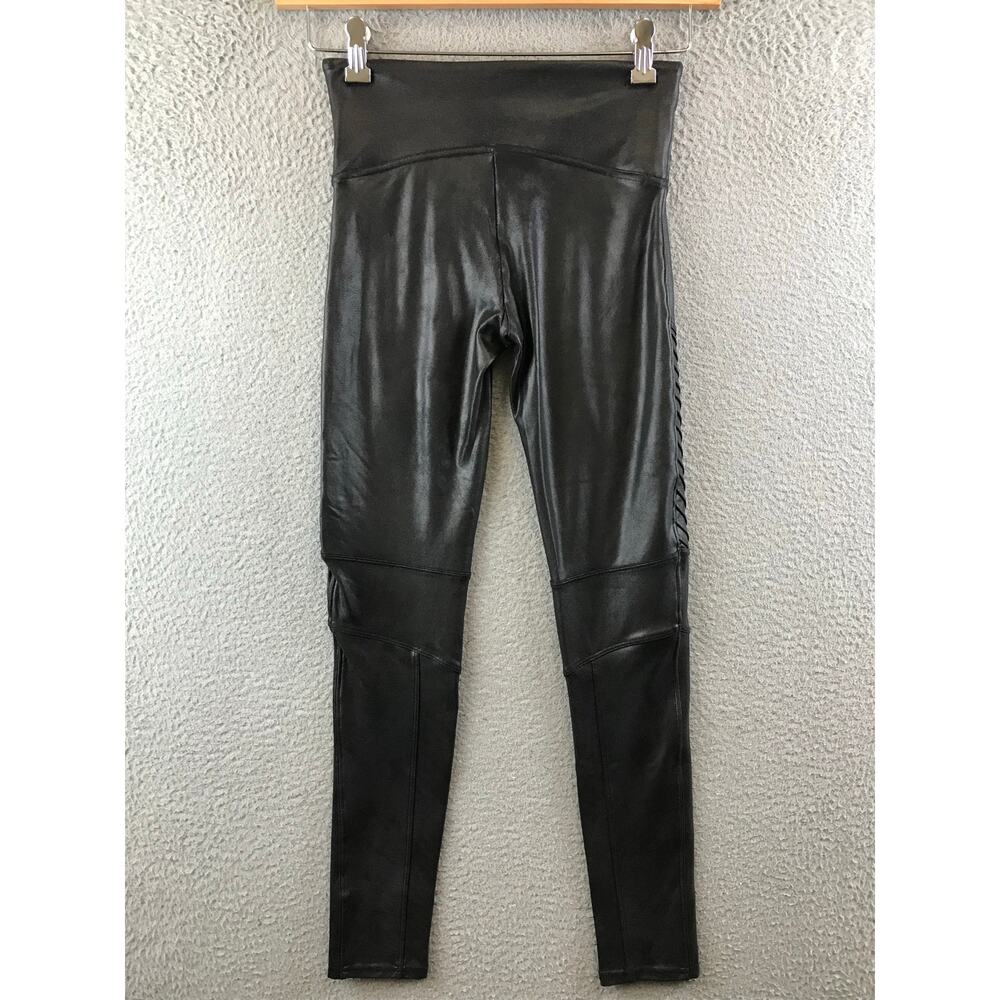 SPANX SIZE M BLACK LEATHER LOOK LEGGINGS PANTS RIBBED
